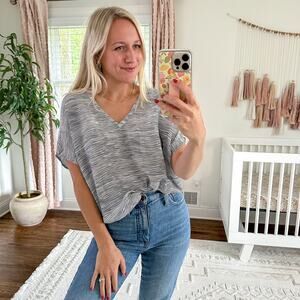Joie Addie Silk V-Neck Batwing Sleeve Stripe Blouse Gray XS